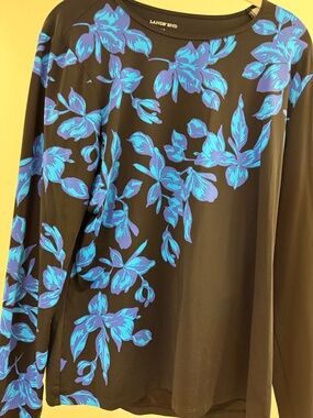 Lands' End Black Top with Bright Blue Floral Design